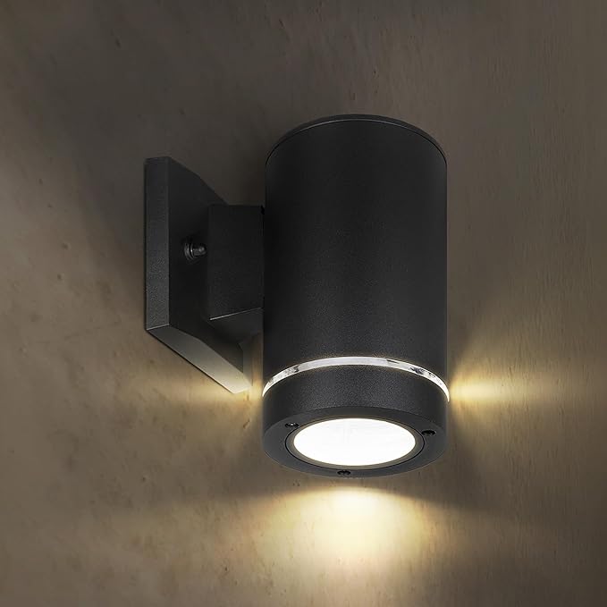 ASD 1 Light LED Indoor & Outdoor Wall Light Fixture | 9W 580LM 3000K-5000K 100-277V Cylinder Up Down Lights | Dimmable Waterproof Exterior Wall Sconce | Front Door, Porch, Patio | Ringed Black, ETL