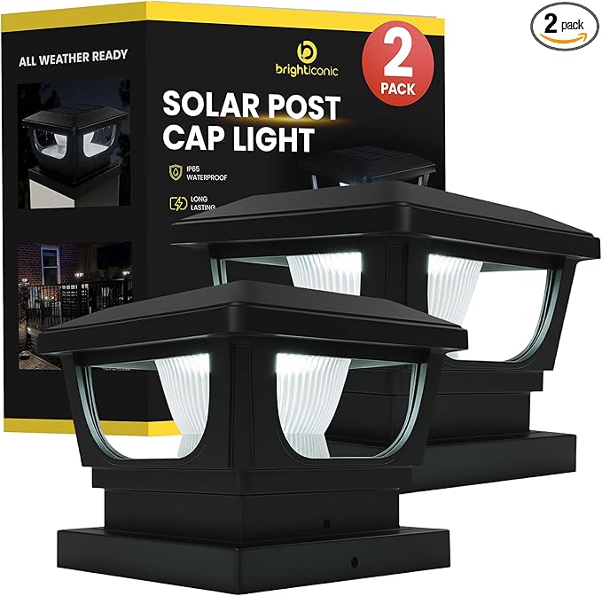 Brighticonic Solar Post Cap Lights Outdoor for 4x4, 3x3 – Auto On/Off Post Lights Solar Powered - Easy Install, IP65 Waterproof Deck & Fence Lights – Long Lasting Battery – 120 Lumen, CoolWhite - 2pck