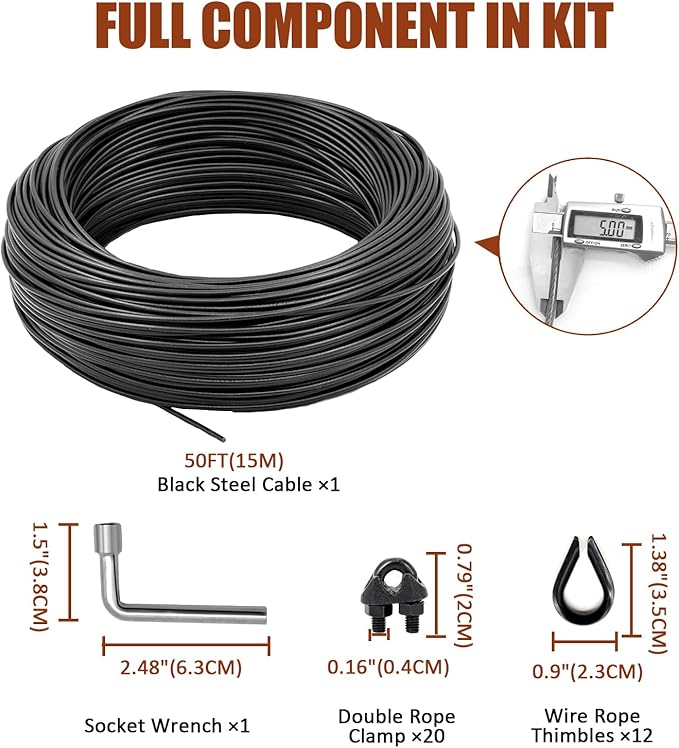 String Light Hanging Kit Outdoor, Full Black Globe String Lights Suspension Kit w/ 100FT PVC Coated Steel Cable & | Lumora