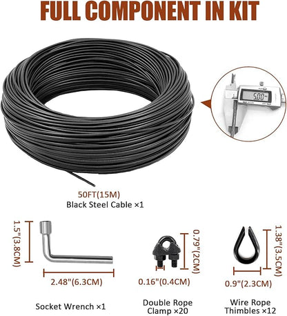 String Light Hanging Kit Outdoor, Full Black Globe String Lights Suspension Kit w/ 100FT PVC Coated Steel Cable & Enough Accessories, Guide Wire for String Light, Patio Light, Camping Light