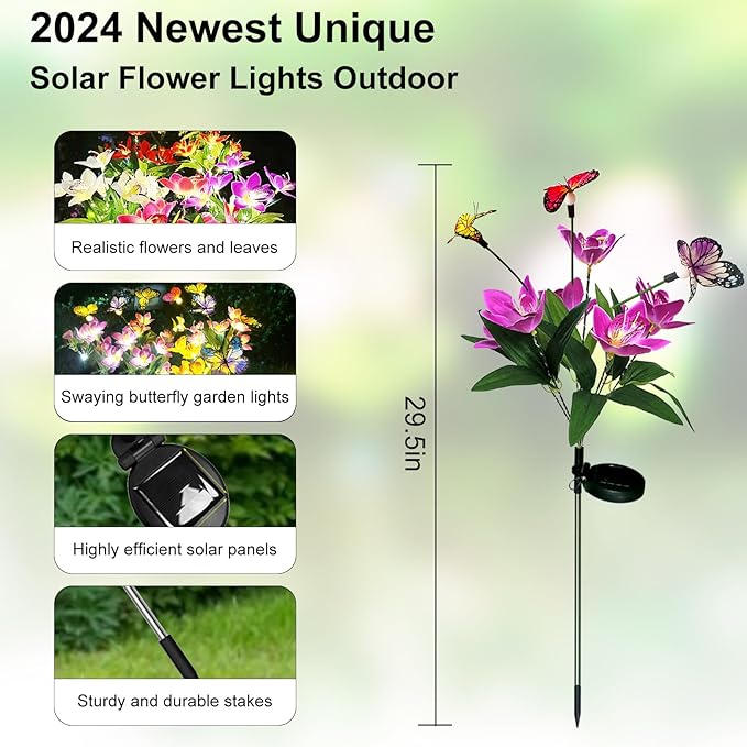 Solar Garden Lights, 4 Pack Solar Flower Lights Outdoor Waterproof, Swaying Butterfly with Flowers, Garden Decoration for Flower Bed Yard Patio, Gift for Mom Christmas