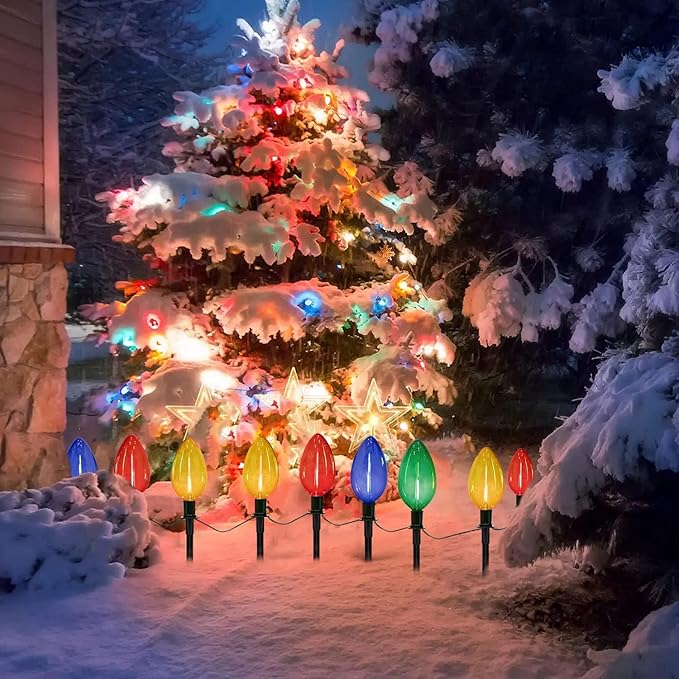 C9 Christmas Multicolor Pathway Lights, 7Ft Outdoor Christmas Pathway Markers Lights with 4 Jumbo C9 LED Multicolor Bulbs, Connectable Walkway Lights for Driveway Yard Garden