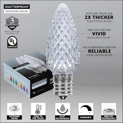 Wintergreen Lighting C9 OptiCore LED Commercial Outdoor Christmas Lights – Heavy Duty Christmas String Lights; Wedding Christmas Lights; White Wire (25 Lights, 25 Ft, Cool White)