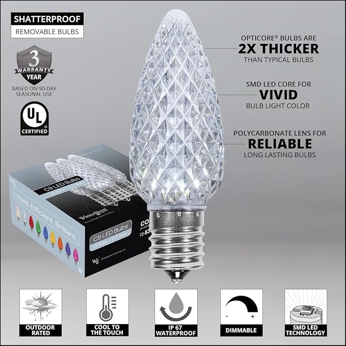 Wintergreen Lighting C9 OptiCore LED Cool White Christmas Lights – Commercial Outdoor Heavy Duty Bulbs for Wedding, Patio, Party; White Wire (100 Lights, 100 Ft, Cool White)