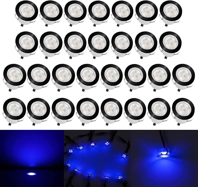 Low Voltage LED Deck Lighting Kit Stainless Steel 1W Waterproof Outdoor Yard Garden Decoration Lamps Landscape Pathway Patio Step Stairs LED In-ground Lights Black Border(30pcs,Blue)