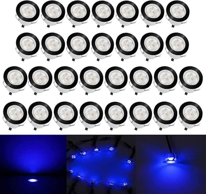 Low Voltage LED Deck Lighting Kit Stainless Steel 1W Waterproof Outdoor Yard Garden Decoration Lamps Landscape Pathway Patio Step Stairs LED In-ground Lights Black Border(30pcs,Blue)
