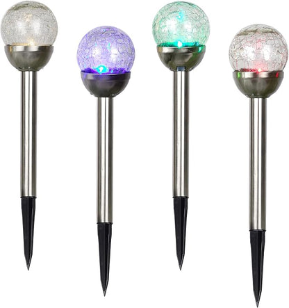 Alpine Corporation 15" H Outdoor Solar Glass Ball Pathway Lights with Color Changing LEDs, Silver - Set of 4
