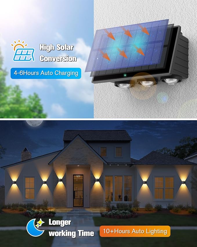 VOLISUN Solar Fence Lights 6 Pack, Color Glow LED Up and Down Wall Lamp, IP65 Waterproof Solar Lights Outdoor for Patio, Backyard, Railing, Deck, Fence and Wall（6 Lenses）