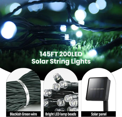 Dailyart Solar String Lights Outdoor, 2 Pack 200 Led Solar Fairy Lights for Outside Waterproof 145ft Cool White Solar Lights 8 Lighting Mode Solar String Lights for Outside,Garden,Courtyards,Trees