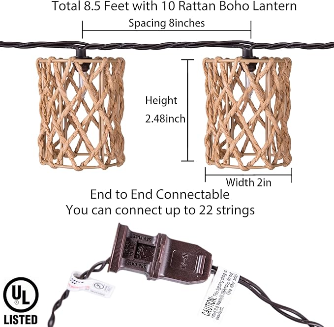 Decorative String Lights Plug in with 10 Incandescent Bulbs, Handwoven Rattan Cylinder-shaped Boho Lantern String Lights Connectable Weatherproof Outdoor Indoor for Bedroom Patio Pergola Decor (Beige)