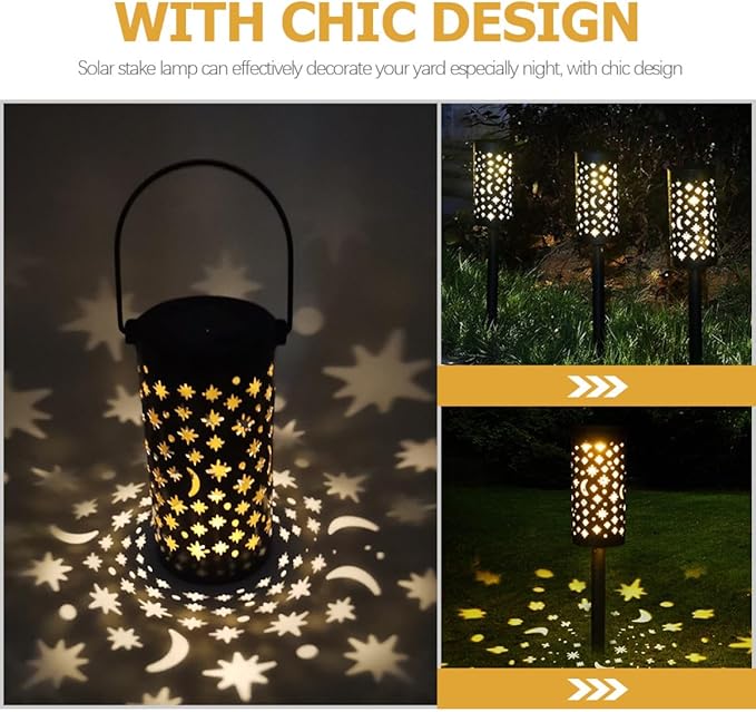 4pcs Solar Lawn Stake Lamps Iron Hollow Star Moon Design Solar-Powered Outdoor Garden Path Lights Decorative Landscape Lighting for Yard