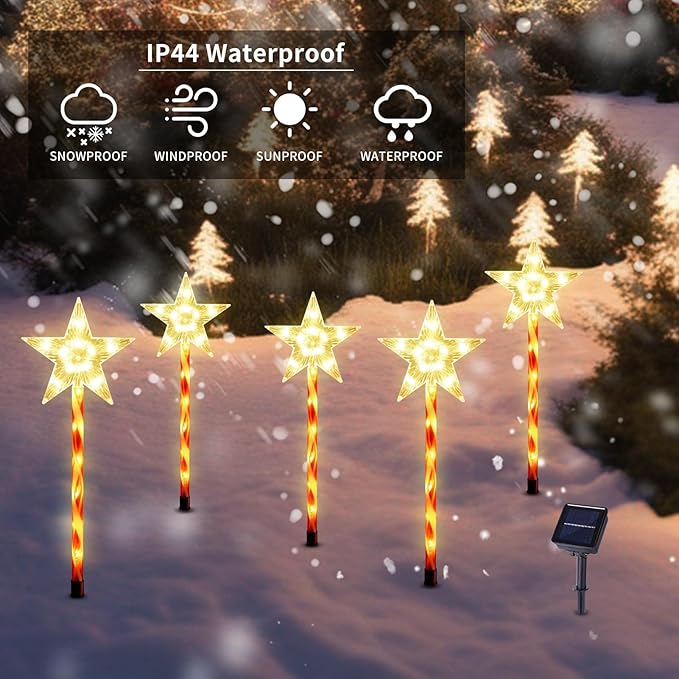 BRIGHTDECK Christmas Solar Pathway Lights Outdoor Decorations, Modes Star Candy Lights Waterproof Led Garden Stake Light for Walkway Yard Lawn Porch Holiday Decor 5-Pack (Red Tube Star, 5 Pack)