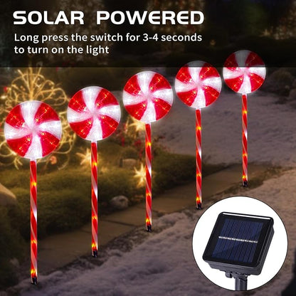 BRIGHTDECK Lollipop Solar Christmas Pathway Lights Outdoor, 10 Pack LED Christmas Decor with 8 Lighting Modes, Light Up Solar Stake Lights for Holiday, Xmas, Walkway, Sidewalk (Red, 10 PCS)