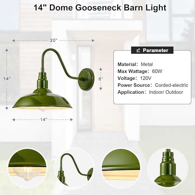 2 Pack Outdoor Gooseneck Barn Light with 14 Inch Dome, Farmhouse Exterior Wall Lights for Porch, Olive Green Patio | Lumora