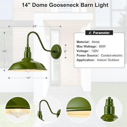 14in Outdoor Gooseneck Lights for Farmhouse, Barn Style Goose Neck Wall Light Fxiture with Wall Mount, Olive Green Exterior Porch Sconce for Patio, Garage, House