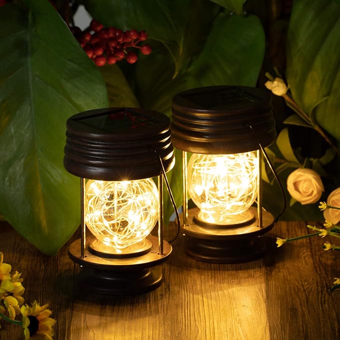 Hanging Solar Lights Outdoor - Solar Powered Waterproof Landscape Christmas Lanterns with Retro Design for Patio, Yard, Garden and Pathway Decoration (Warm Light) (2, 5.5" Fairy LED)