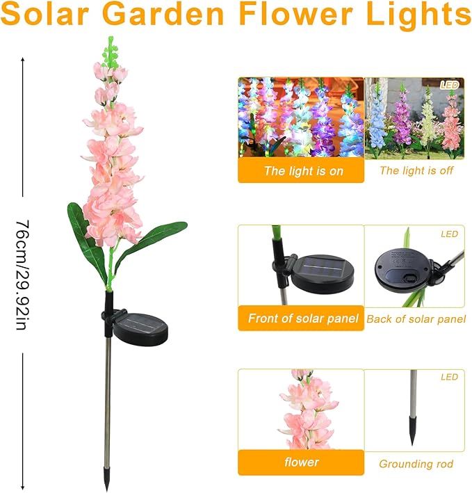 Solar Garden Lights Solar Delphinium Flowers Lights 4 Pack Waterproof Outdoor Light for Outside Wedding Party Garden Yard Patio Lawn Decor 4 Colors Combo