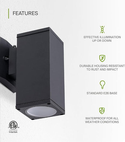 ASD 1 Light Square Dusk to Dawn Outdoor Wall Light Fixture | 60W E26 Bulb Socket 120V ETL Cylinder Up Down Lights | LED/CFL/Incandescent Bulb Wall Sconce | Front Door, Porch, Patio | Black