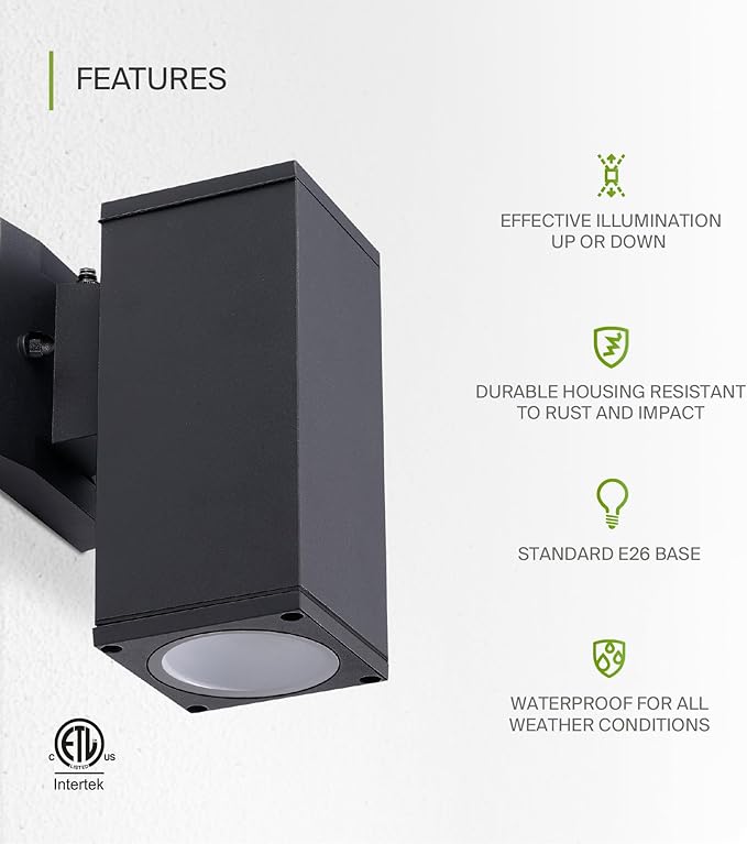 ASD 1 Light Square Dusk to Dawn Outdoor Wall Light Fixture | 60W E26 Bulb Socket 120V ETL Cylinder Up Down Lights | | Lumora