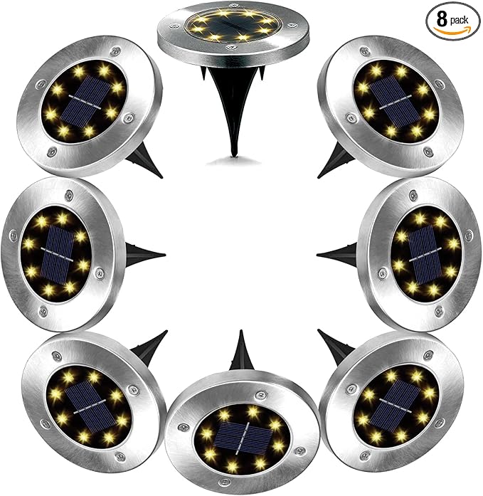 Outdoor Solar Powered Ground Lights Bright 8 LED Waterproof In-ground Disk Puck Flat Garden Path Lights for Landscape Outside Patio Pathway Walkway Driveway Yard Backyard Lawn Decoration 8 PCS