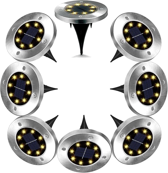 Outdoor Solar Powered Ground Lights Bright 8 LED Waterproof In-ground Disk Puck Flat Garden Path Lights for Landscape Outside Patio Pathway Walkway Driveway Yard Backyard Lawn Decoration 8 PACK
