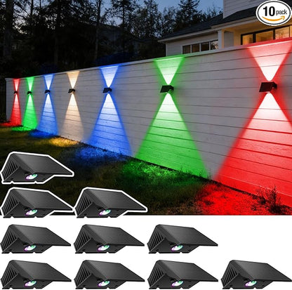 Solar Fence Lights Outdoor, 10-Pack Fence Lights Solar Powered with Up/Down Buttons, IP67 Waterproof for Outside, 120LM Auto Dusk to Dawn for Wall/Patio/Yard/Railing/Deck/Pathway (White & RGB)