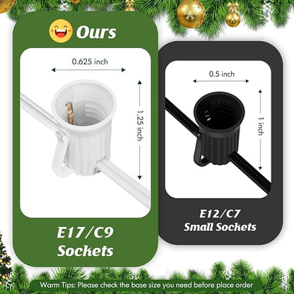Brightever Commercial 500 FT LED Lights Sockets Outdoor, C9 E17 Light Sockets Set Spool, C9 Sockets Patio String Lights, C9 Light Strands - 12 Spacing Intermediate Base White Wire String Lights