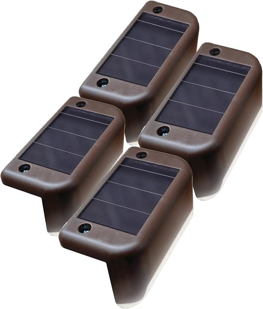 Maxsa 47332 Solar-Powered LED Deck and Railing Lights, Auto On/Off Dusk-to-Dawn, Weatherproof for Decks, Steps, and Railings, Brown Finish, 4-Pack