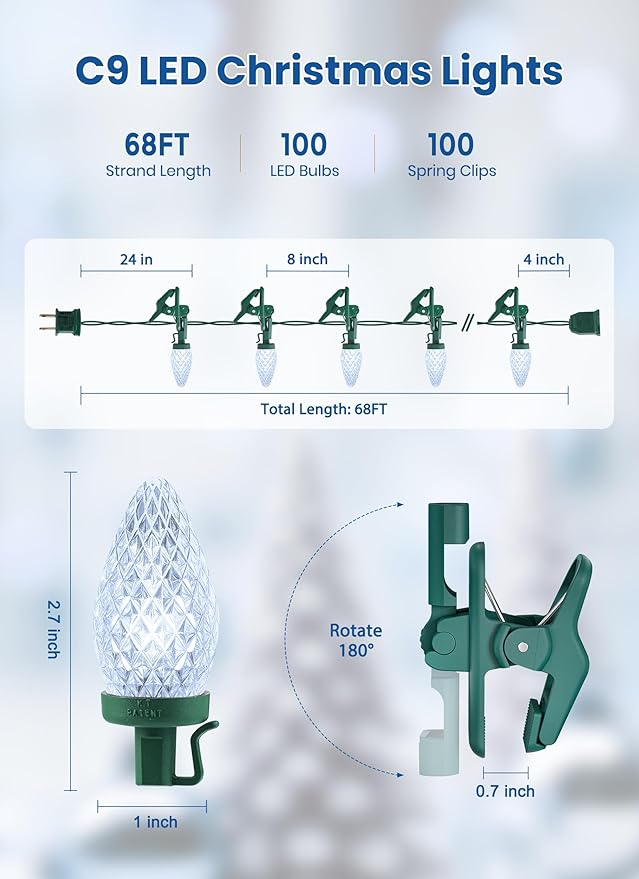 C9 LED Christmas Lights Outdoor, 68 Feet 100 LED Strawberry String Lights with 100 Spring Clamps, Waterproof Commercial Grade Extendable for Outside Roofline Patio Home Xmas Decoration, Pure White