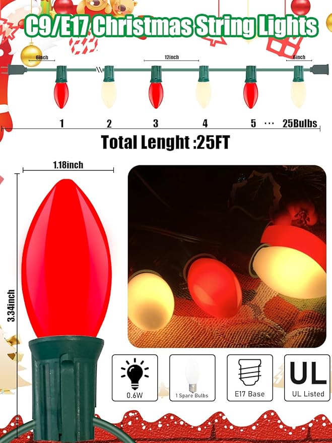 C9 LED Christmas Lights, 25Ft Vintage C9 Christmas Lights with 26 LED Ceramic Red White Bulbs, Hanging Connectable Xmas String Lights for Patio Garden Holiday Home Xmas Decor-Green Wire