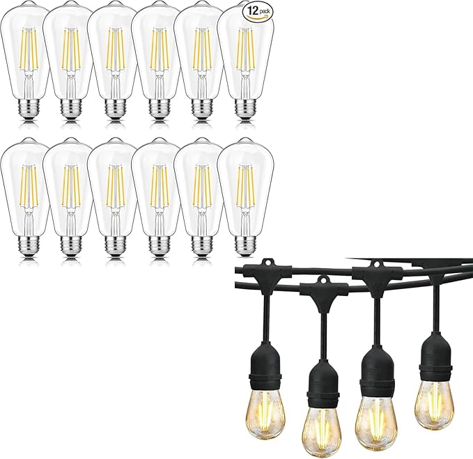 Svater 144FT Outdoor String Lights 2W + Vintage LED Edison Bulbs 60W Equivalent, 6W ST58 2700K 12Pack