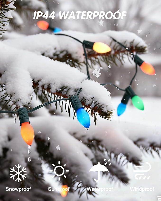 SUNSGNE 25Ft Multicolor Christmas Lights Outdoor, C7 Vintage Christmas String Lights with 27 Multicolor Ceramic Bulbs(2 Spare) for Holidays, Christmas Prom Party Wedding- Green Wire