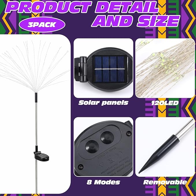 3 Pack Mardi Gras Solar Firework Lights 120 LED 8 Modes Waterproof Multicolor Mardi Gras Solar Stake Lights Outdoor Landscape Lamp for Garden Yard Patio Pathway Lawn Carnival Decoration