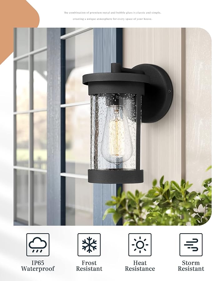 Ken & Ricky Outdoor Wall Light Fixture,Exterior Lighting Fixtures,Modern Sconce Lights for Porch Patio Garage Front Door (Black,Seeded Glass, 1PK)