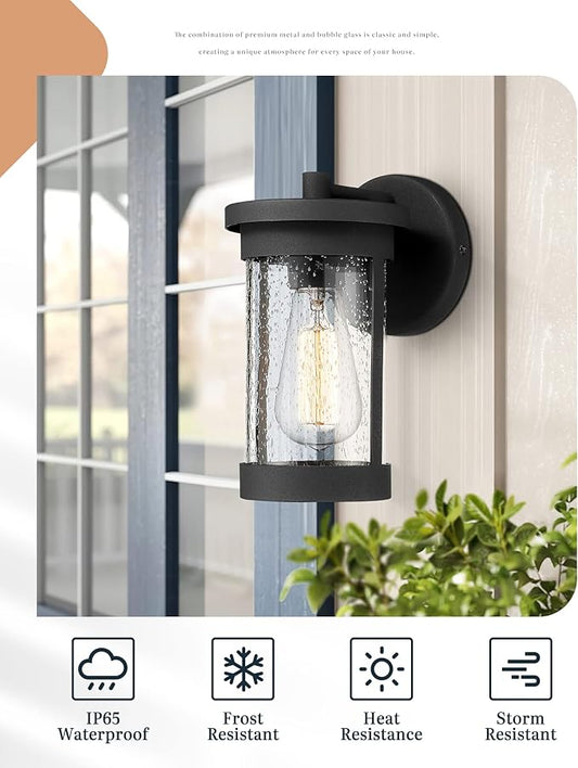 Ken & Ricky Outdoor Wall Light Fixture,Exterior Lighting Fixtures,Modern Sconce Lights for Porch Patio Garage Front Door (Black,Seeded Glass, 1PK)