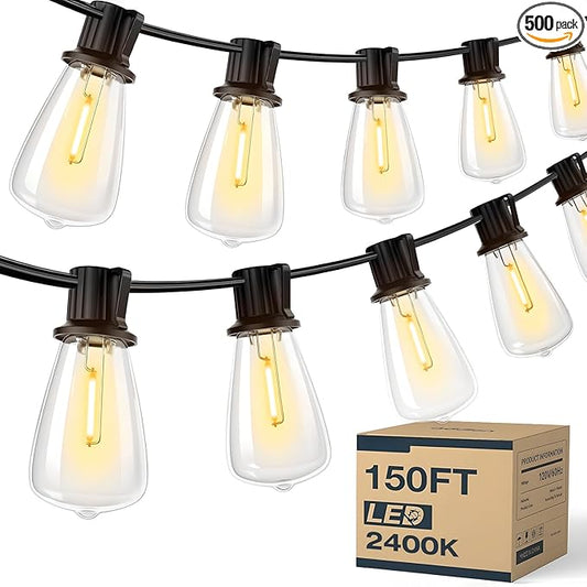 150FT Outdoor String Lights Patio Lights with 60 Shatterproof ST38 Vintage Edison Bulbs (2400K) Commercial Grade Patio Lights, Decorative for Garden or Patio, Black