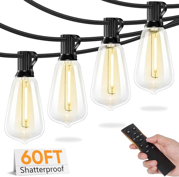 Brightever LED Outdoor String Lights with Remote, 60FT Patio Lights Outdoor Waterproof with 19 Shatterproof ST38 | Lumora