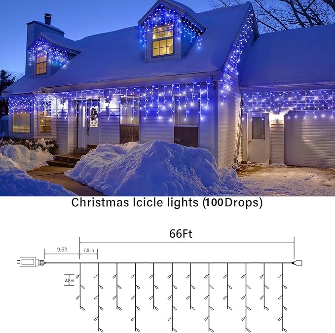Joomer Christmas Icicle Lights - 66FT String Lights Outdoor Waterproof, 8 Modes Timer Connectable Plug-in String Light for Eaves, Roofs, Christmas Decorations (White+Blue, Non-Connectable)