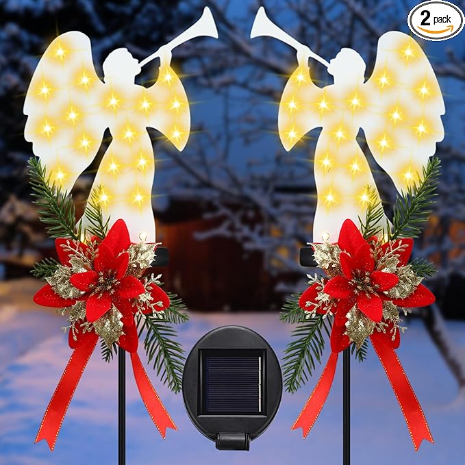 Baquler 2 Pack Solar Christmas Angel Stake Lights 32 Inches Solar Powered Xmas Angel Metal Stake Lights with Poinsettia for Outdoor Christmas Yard Pathway Garden Lawn Decorations