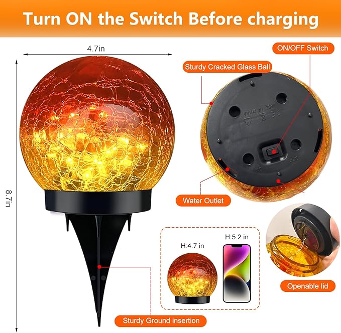 2 Pack 60LED Solar Globe Lights Outdoor Waterproof 4.7in Cracked Glass Solar Balls Lights for Outside Yard Pathway Patio Lawn Landscape Decor Ground for Christmas Holiday Decor w/ Box (Gradient Red)