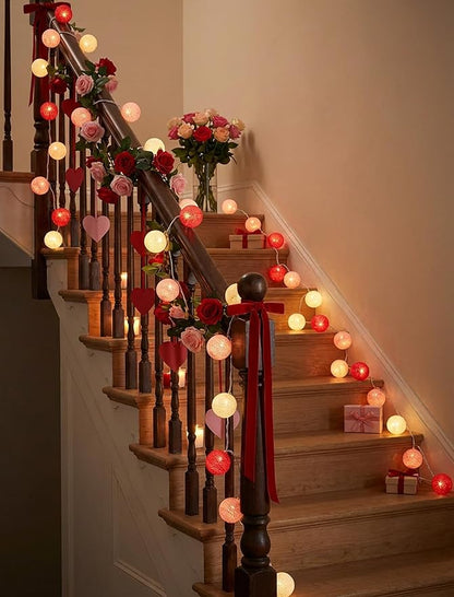 Red Pink and White Cotton Ball String Lights, 8.5Ft Valentine’s Day Decorative Fairy Lights Plug in with 10 Colorful Lantern, Hanging Cotton Globe Lights for Bedroom Wedding Party Home Birthday Decor