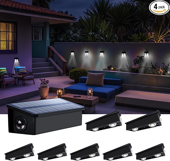 Fence Lights Solar Powered Outdoor Waterproof Outside Wall LED Landscaping Lamp 8 Pack for Yard, Deck, Patio, Rail, Garage, Pool, Balcony, Energy Efficient Cool White Safety and Ambiance,Easy Install