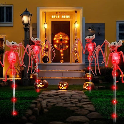2PCS of Set Solar Garden Lights Outdoor for Halloween Decorations,3D RED Scary Bat Realistic Skeleton Decor for Halloween Party Decor,Solar Bats Path Lights for Lawn/Porch/Creepy Grave Décor