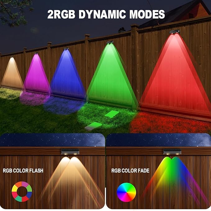 Solar Fence Lights Outdoor, 8 Pack Color Changing Fence Lights Solar Powered with 9 RGB Colors & 11 Lighting Modes, IP65 Waterproof Dusk to Dawn Fence Lights for Patio, Deck, Wall, Backyard