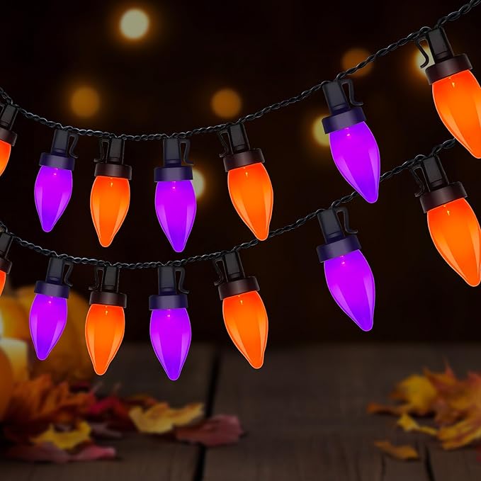 26FT Halloween String Lights Outdoor, 50 C7 LED Orange String Lights, Plug-in Halloween Patio Decorative Lights for Indoor Christmas Backary Porch House Holiday Party Decor