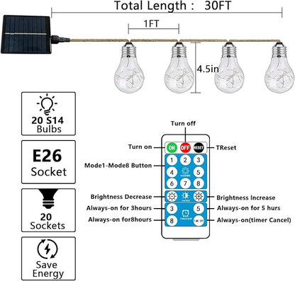 30FT Solar String Lights Outdoor Waterproof with Remote, 20 Edison Shatterproof Bulbs String Lights for Outside, Hemp Rope Solar Powered Lights with 8 Modes for Fence Tree Cafe Bistro Party