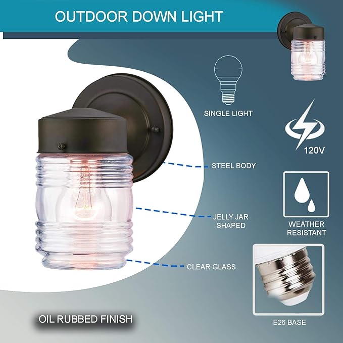 Ciata Outdoor Porch Light House Fixture Wall Mount Lantern Sconce - Jelly Jar Down Light - Oil Rubbed Bronze - 2 Pack