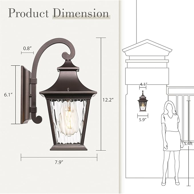 Emliviar 12.2 Inch Wall Light with Water Ripple Glass, 1-Light Outdoor Patio Light for House, Die-cast Aluminum in | Lumora