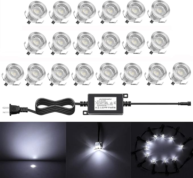 Recessed LED Deck Lighting Kits 12V Low Voltage Cool White Waterproof IP67,Led In Ground Lighting for Steps,Stair,Patio,Floor,Pool Deck,Kitchen,Outdoor LED Landscape Lighting(20Pack)