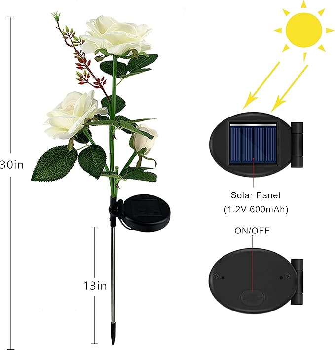 Solar Rose Garden Lights, 2 Pack Realistic Solar Flower Lights, Waterproof LED Decorative Stake Landscape Lights for Patio Pathway Grave Cemetery Outdoor Decor (White)